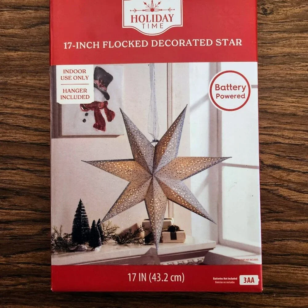 NEW Light Up Battery Operated Flocked Star Christmas Hanging Decoration Decor Ho